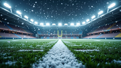 Snowfall over empty stadium&mdash;bright lights and centered goalposts evoke solitude, anticipation, and the quiet intensity of winter football.
