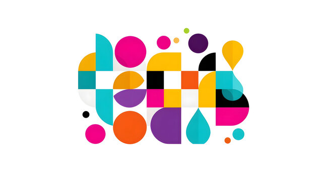 A dynamic and playful abstract composition featuring a variety of geometric shapes and bright vivid colors  This graphic illust n is perfect for modern design projects