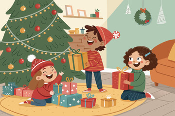 Crisp Children Opening Presents Near Christmas Creative Visual