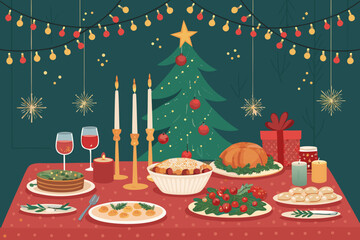 Showcasing Christmas Dinner Table With Festive Food Dynamic High-Quality Stock Image