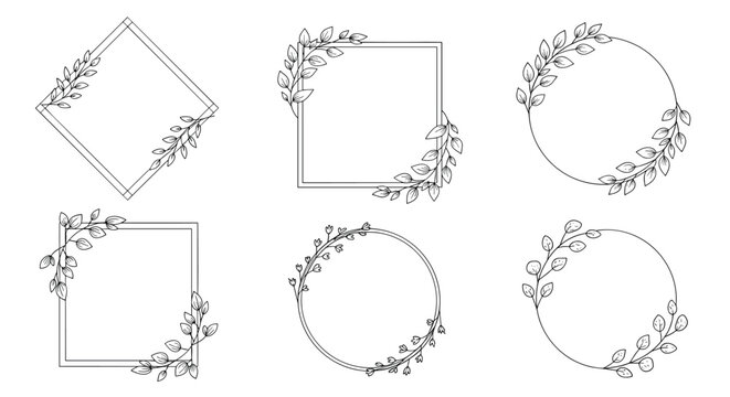 A collection of six elegant hand-drawn frames in square, circular, and diamond shapes, decorated with delicate leafy branches.