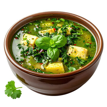 Peruvian chupe verde a vibrant green herb soup with potatoes and cheese served in a bowl and isolated on a clean white background