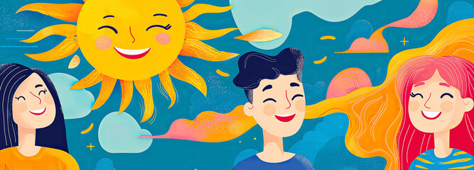AI Generated - Group of three people standing next to each other in front of a bright yellow sun, with a blue sky and fluffy white clouds in the background. Commercial illustration artwork. -