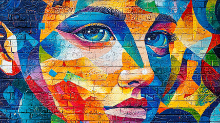AI Generated - Vibrant mural of a woman's face painted on a brick wall. Commercial illustration artwork. Illustration. High-resolution. High-res. Premium quality. Premium. Professional grade. Quality.