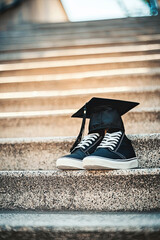 AI Generated - Person wearing a black graduation cap and sneakers, sitting on the steps of a building. Commercial illustration artwork. Illustration. High-resolution. High-res. Premium quality.