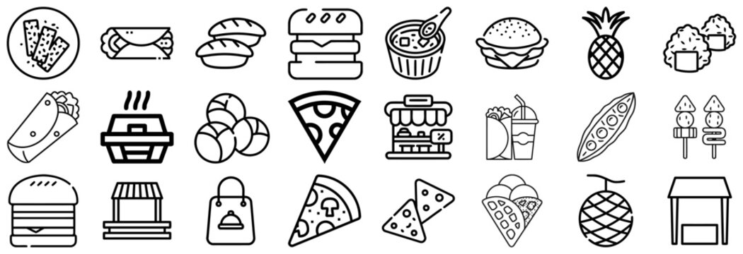 Diverse Collection of Food and Drink Icons in Outline Style_1