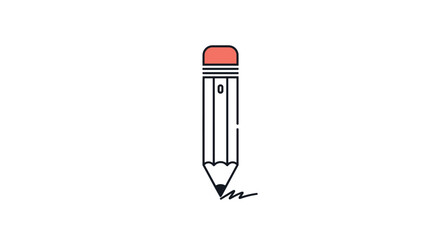 A clean and modern line art icon of a pencil with a red eraser, shown writing a small scribble on a white background.