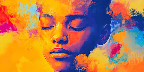 AI Generated - Painting of a woman's face with her eyes closed, painted in a vibrant array of colors including yellow, orange, blue, pink, red and violet. Commercial illustration artwork. -