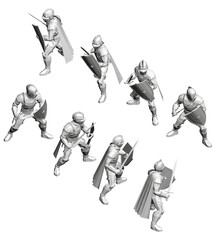 Low poly knights in various poses, each armed with a sword and shield. The monochrome black and white style creates a classic and timeless aesthetic. Isometric view