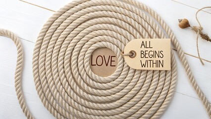 Spiral rope with love and inspirational message on wooden tag