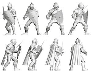 Six medieval knights in black and white, each holding a sword and shield with detailed armor, stand isolated on a stark white background.