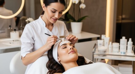 A beautician applying a facial mask to a woman laying down in a spa setting.
