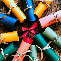AI Generated - Wooden table with a bunch of colorful paper rolls tied together with ribbons and bows, creating a festive atmosphere perfect for the holiday season. Commercial illustration artwork.