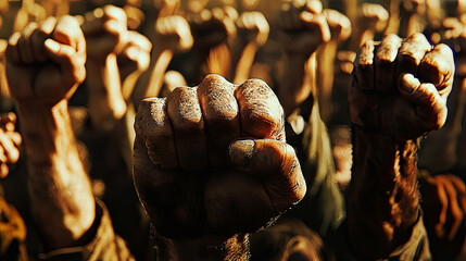 AI Generated - Group of people with their fists up in the air, their faces blurred in the background. Professional stock photography. Stock photo. High-resolution. High-res. Premium quality. Premium.