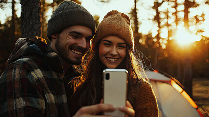 AI Generated - Man and woman taking a selfie in front of a car, both of them smiling. Commercial illustration artwork. Illustration. High-resolution. High-res. Premium quality. Premium. - Professional