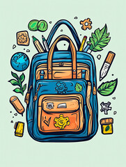 AI Generated - Blue backpack filled with school supplies such as pencils, leaves, a globe, and other objects. Commercial illustration artwork. Illustration. High-resolution. High-res. Premium quality.