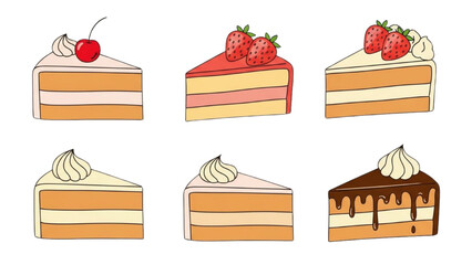 Collection of six delicious slices of cake with toppings