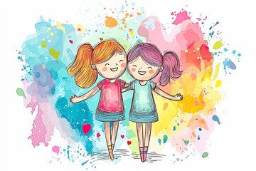 AI Generated - Two little girls with big smiles on their faces, standing in front of a vibrant background of colorful paint splatters. Commercial illustration artwork. Illustration. High-resolution.