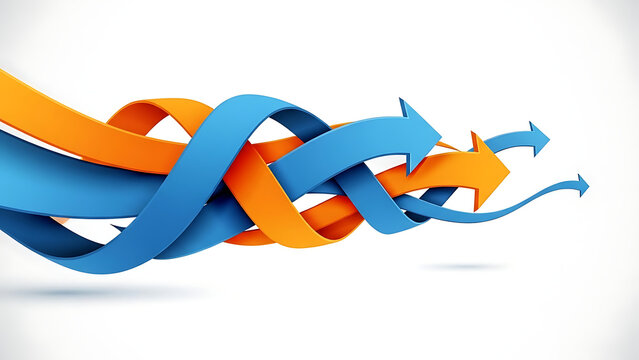 Complex 3D interwoven orange and blue arrows illustrating flow business direction and digital transformation