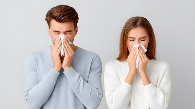 Man and woman together looking unwell holding tissues to their faces to cover sneezes due to illness or seasonal allergies