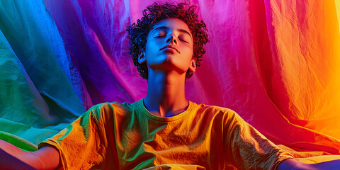 AI Generated - Young man with curly hair wearing a yellow t-shirt, sitting on a bed with his eyes closed, surrounded by a colorful cloth backdrop. Commercial illustration artwork. Illustration.