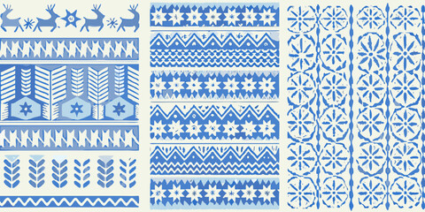 Ai,jpg and eps | illustration featuring blue and white folk art patterns with reindeer stars and floral motifs in rows and columns | editable vectors