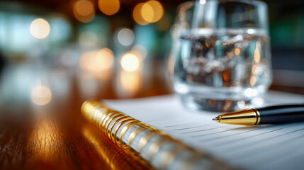 Elegant pen placed on lined paper beside a glass of water with warm blurred lights behind