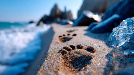 Animal paw-shaped footprints in wet beach sand near the ocean waves under bright sunlight