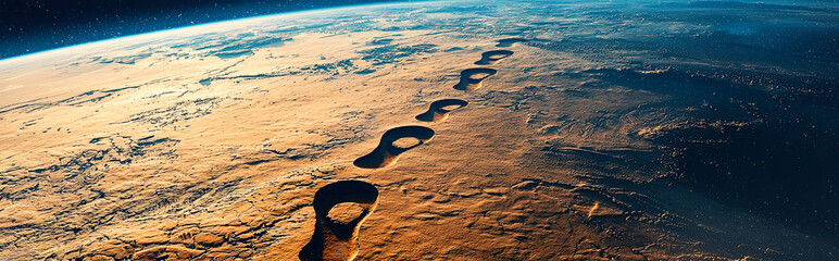 AI Generated - Footprints in the sand of Mars, with the Earth in the background and stars twinkling in the night sky. Commercial illustration artwork. Illustration. High-resolution. High-res.