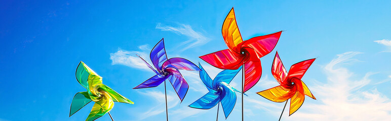 AI Generated - Group of colorful pinwheels flying in the sky, with the sky in the background filled with white, fluffy clouds. Commercial illustration artwork. Illustration. High-resolution. High-res.
