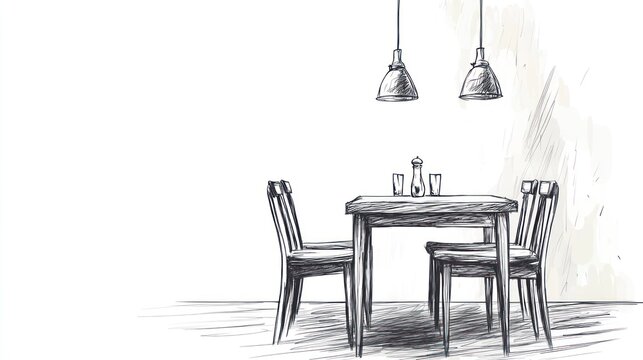 Hand-drawn sketch of a dining room scene with a table and chairs