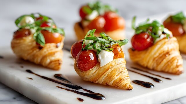 Gourmet appetizer bites featuring golden brown flaky pastries ripe cherry tomatoes creamy mozzarella fresh basil leaves and a decorative balsamic glaze drizzle on a marble serving board