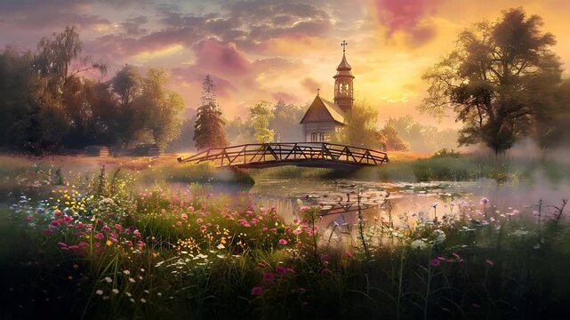 A vivid, digitally rendered landscape featuring a serene pond surrounded by a lush meadow. The sky is painted in hues of orange, pink, and purple, suggesting either a sunrise or sunset.