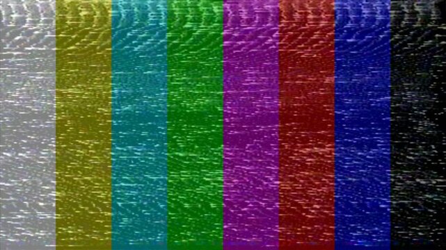 The color TV setup chart is distorted, glitches, and flickering. There is no signal. The cable is not connected.