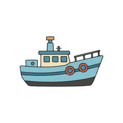 Obraz premium A cartoon illustration of a blue fishing boat, complete with cabin and life preservers.