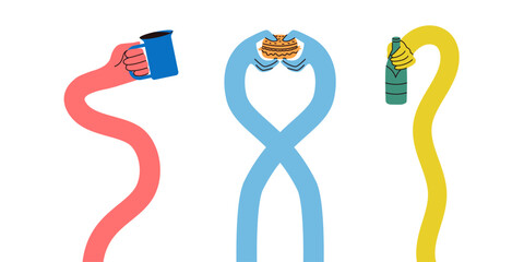 Hand Flexible Long Arm Hold Coffee, Bottle, Burger. Cartoon Hands Holding Drink and Food. Vector Funky Comic Illustration