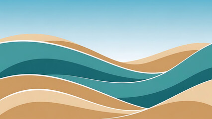 Modern vector illustration of flowing desert dunes and turquoise ocean waves abstract minimalist landscape