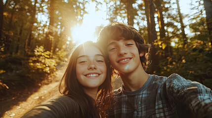 AI Generated - Boy and girl taking a selfie in the woods, both of them smiling. Professional stock photography. Stock photo. High-resolution. High-res. Premium quality. Premium. Professional grade.