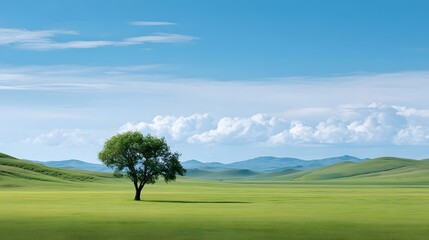 Expansive natural scenery featuring a solitary deciduous tree on a verdant meadow with gently sloping hills and distant mountains beneath a clear blue sky dotted with fluffy white clouds