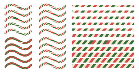 Obraz premium Candy cane border set, red and white wavy glossy stripes with peppermint accents, perfect for holiday graphic designs, seasonal illustration projects, cards, banners, 