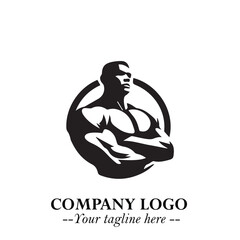 Man With Muscle Logo Symbol in Black on White Background for Strong Bold Fitness Branding Design Art