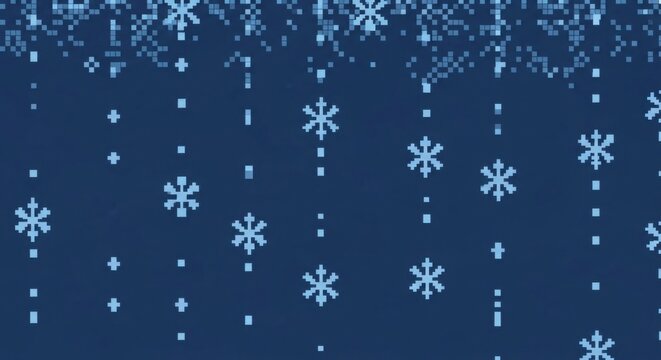 Pixelated snowflakes falling on a dark blue background creating a wintery pixel art scene