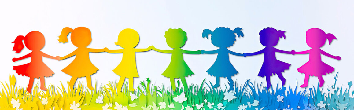 AI Generated - Group of children holding hands in the grass, surrounded by a variety of colorful paper cutouts of different shapes and sizes. Commercial illustration artwork. Illustration. - - Powered by Adobe
