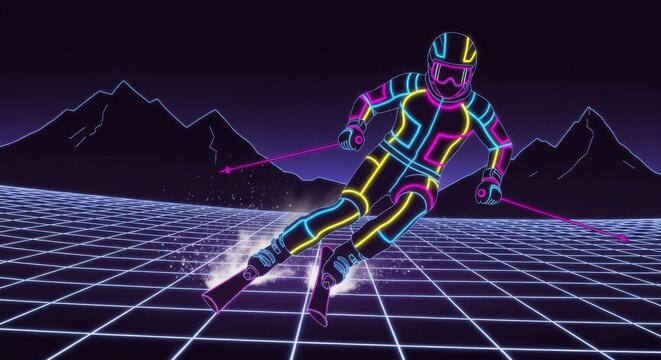 Neon skier gliding down a grid with mountains in the background in a retro synthwave style
