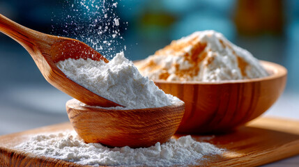 Soft white flour being scooped into a wooden bowl, with fresh bread and baking ingredients in a warm kitchen setting
