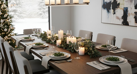 Fototapeta premium Christmas dining room interior with elegant restaurant table setting, chairs, and modern home decor