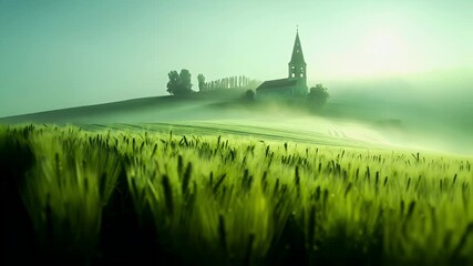 A digital painting of a serene landscape with a church in the distance. The church is painted in a soft green hue, standing out against the misty backdrop.
