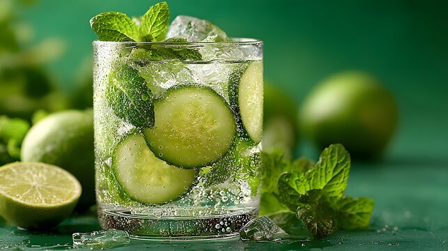 refreshing mojito cocktail features cucumber slices, mint leaves, and ice with condensation on the glass against a bright green background.