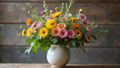 Vibrant flower bouquet in ceramic vase on rustic wooden table  