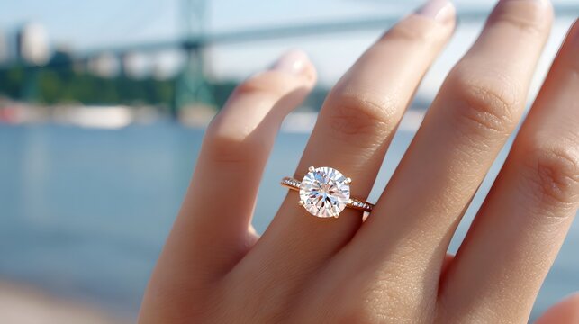 Luxurious sparkling diamond engagement ring worn on a finger symbolizing love and commitment set against a soft focus outdoor backdrop of water and city